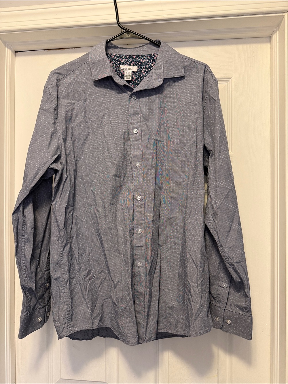 Bar III Slim Fit Navy Dot Print Dress Shirt Size Large- 16-16 1/2, 34-35